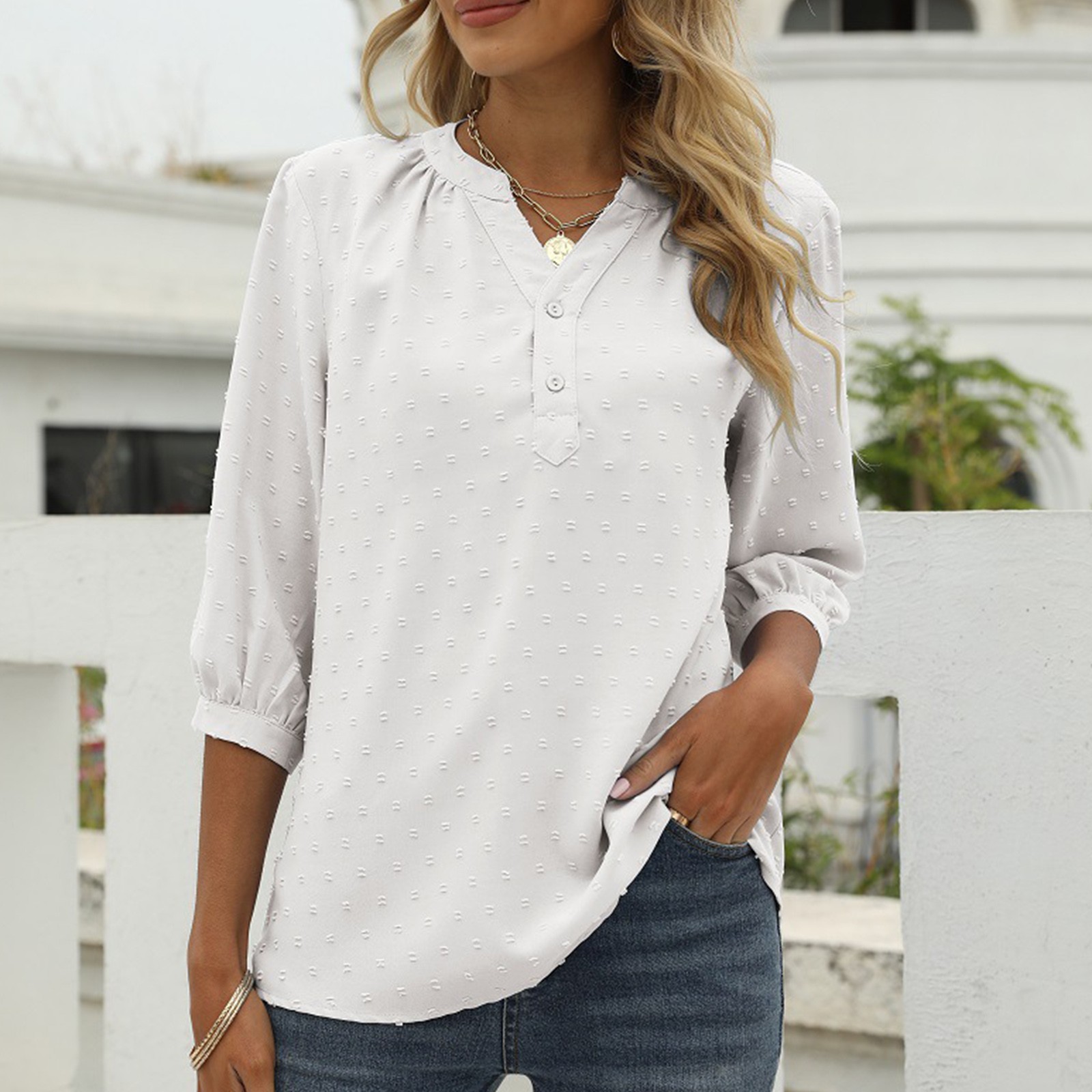 thumbnail image 2 of Blusa de verano con cuello en V y mangas 3/4 con lunares para mujer - Túnica con botones - Cintura fruncida favorecedora - Tallas S-XXL para uso informal/de oficina, 2 of 5